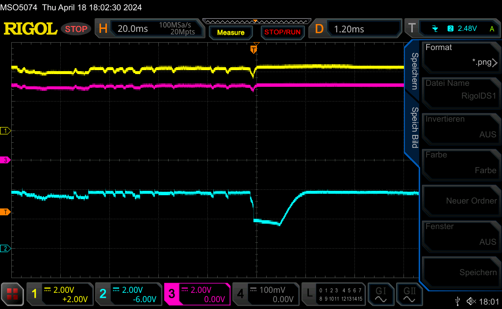 Oscilloscope shows clearly stabilized voltage line for the header