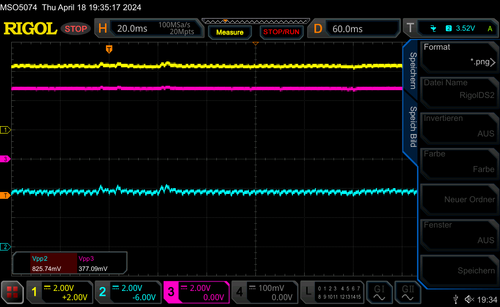 Oscilloscope shows further stabilized lines also for input and header measuring points
